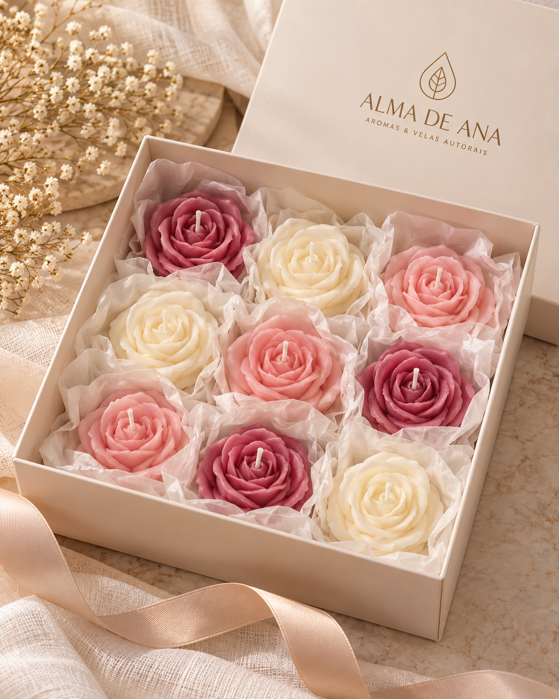 Box presenteável com 9 velas em formato de flores