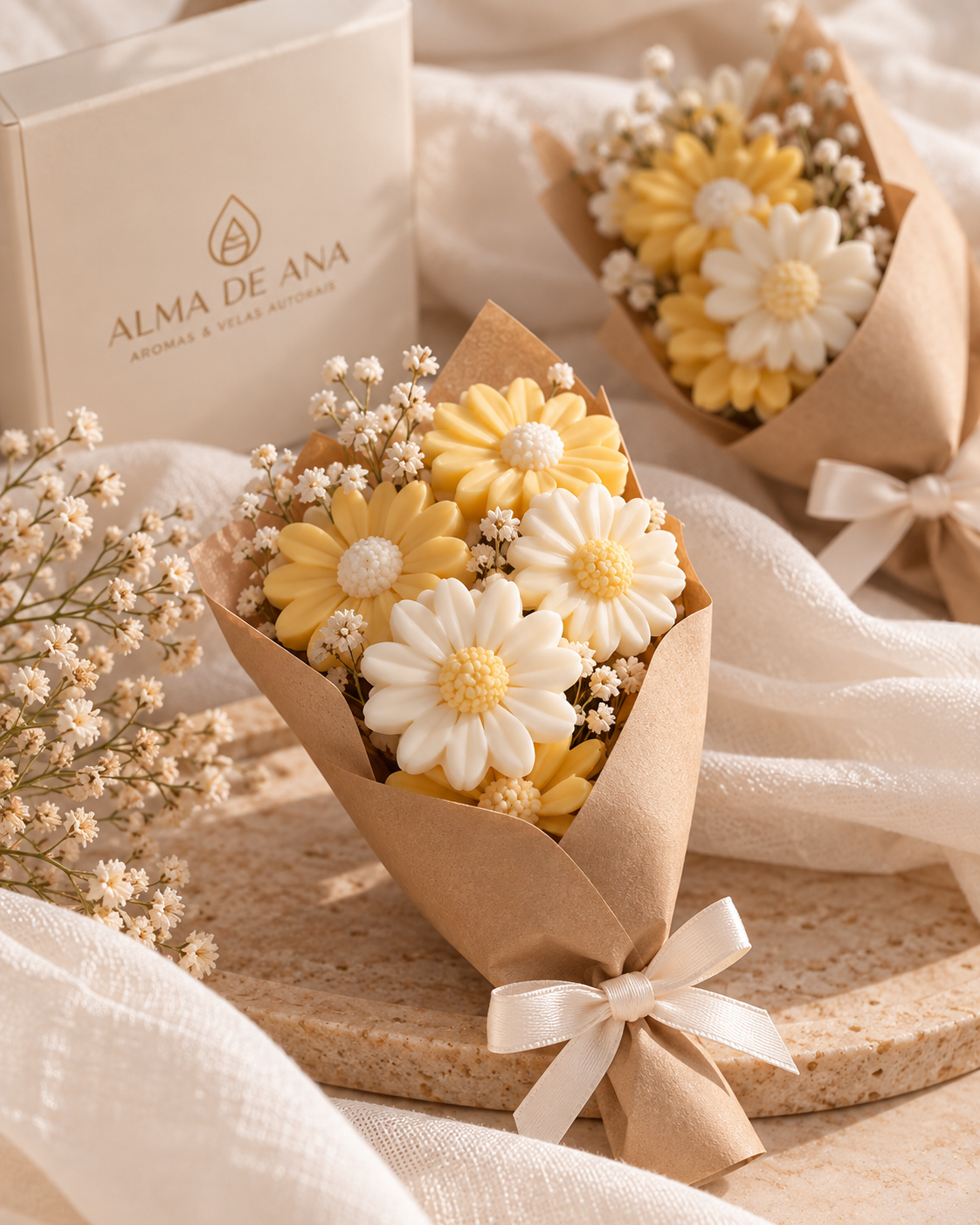 Mini Margaridas em formato de vela, apresentadas como buquê aromático