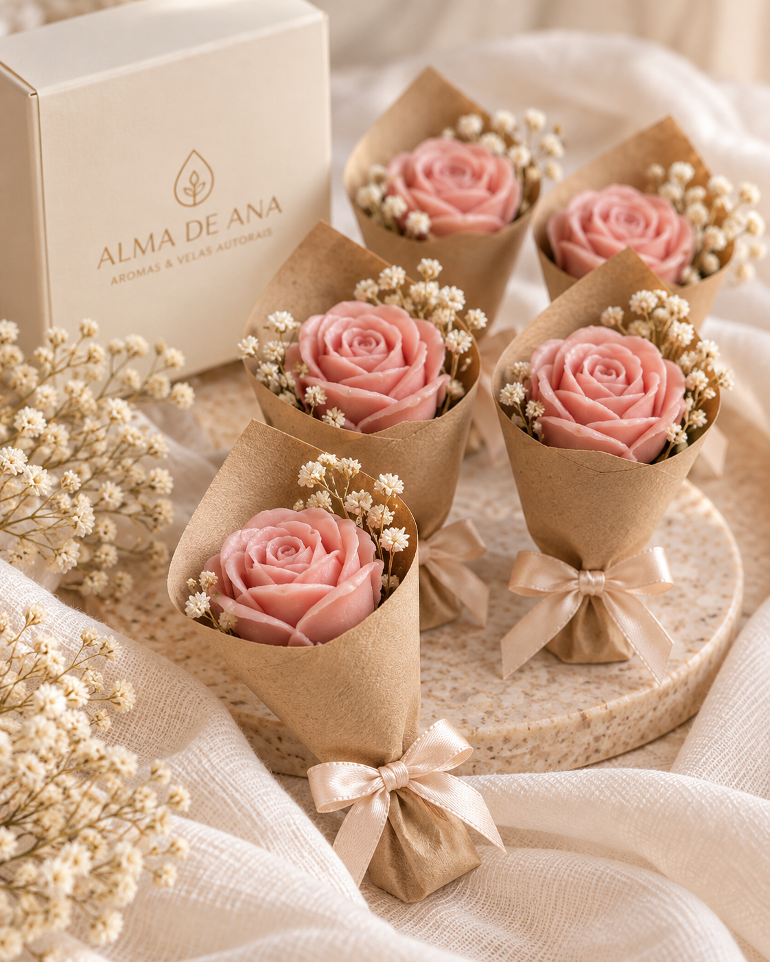Mini Rosas em formato de vela, apresentadas como buquê aromático